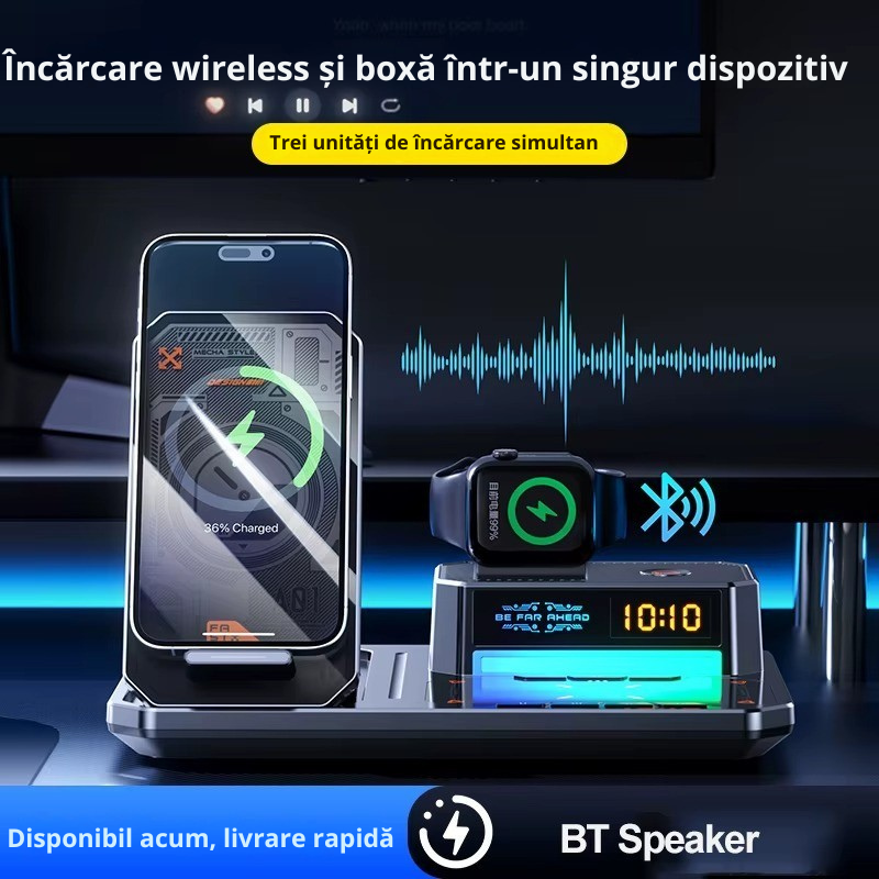 Statie Incarcare 6 in 1 Qi Fast Charger 15W cu Iluminare RGB, Difuzor Bluetooth si Ceas Alarma