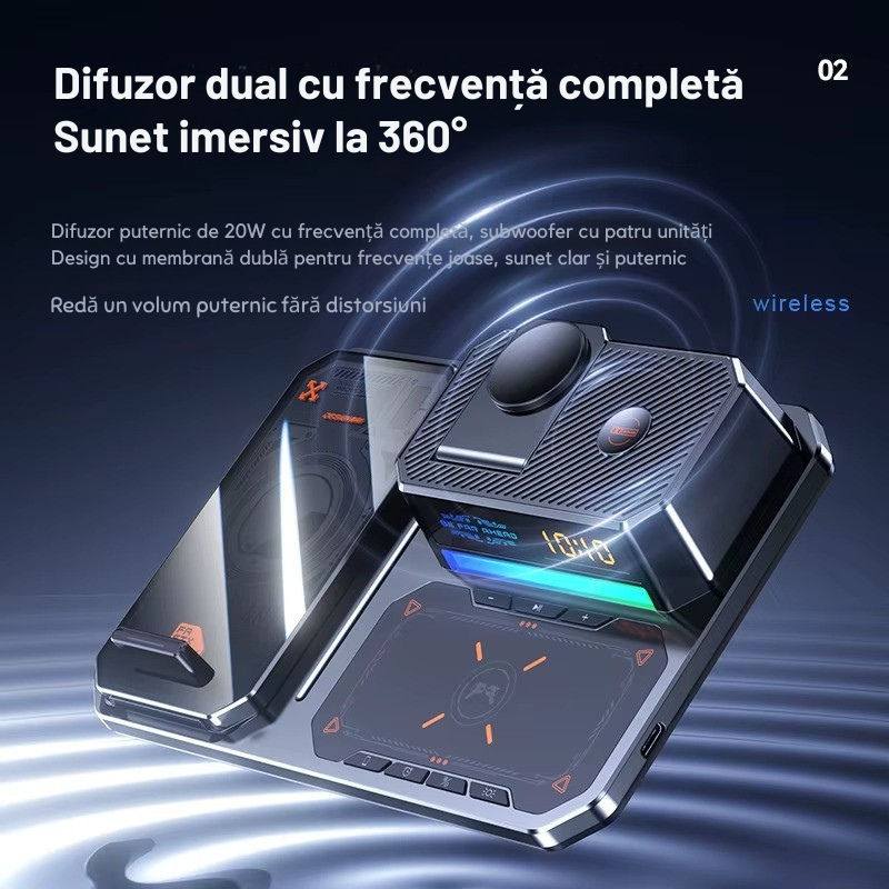 Statie Incarcare 6 in 1 Qi Fast Charger 15W cu Iluminare RGB, Difuzor Bluetooth si Ceas Alarma