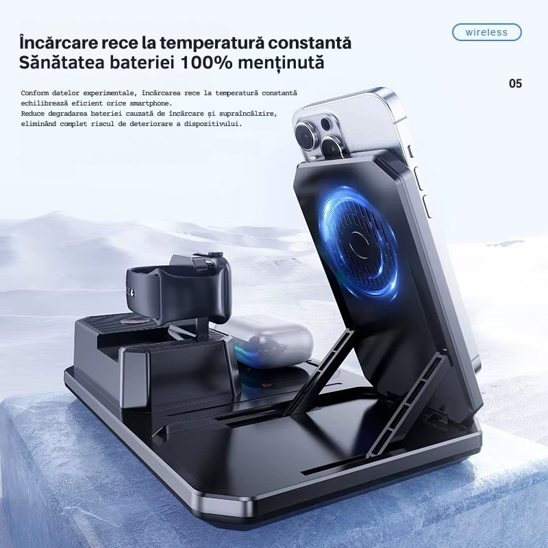 Statie Incarcare 6 in 1 Qi Fast Charger 15W cu Iluminare RGB, Difuzor Bluetooth si Ceas Alarma