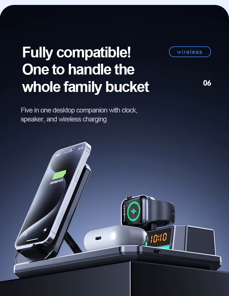 Statie Incarcare 6 in 1 Qi Fast Charger 15W cu Iluminare RGB, Difuzor Bluetooth si Ceas Alarma