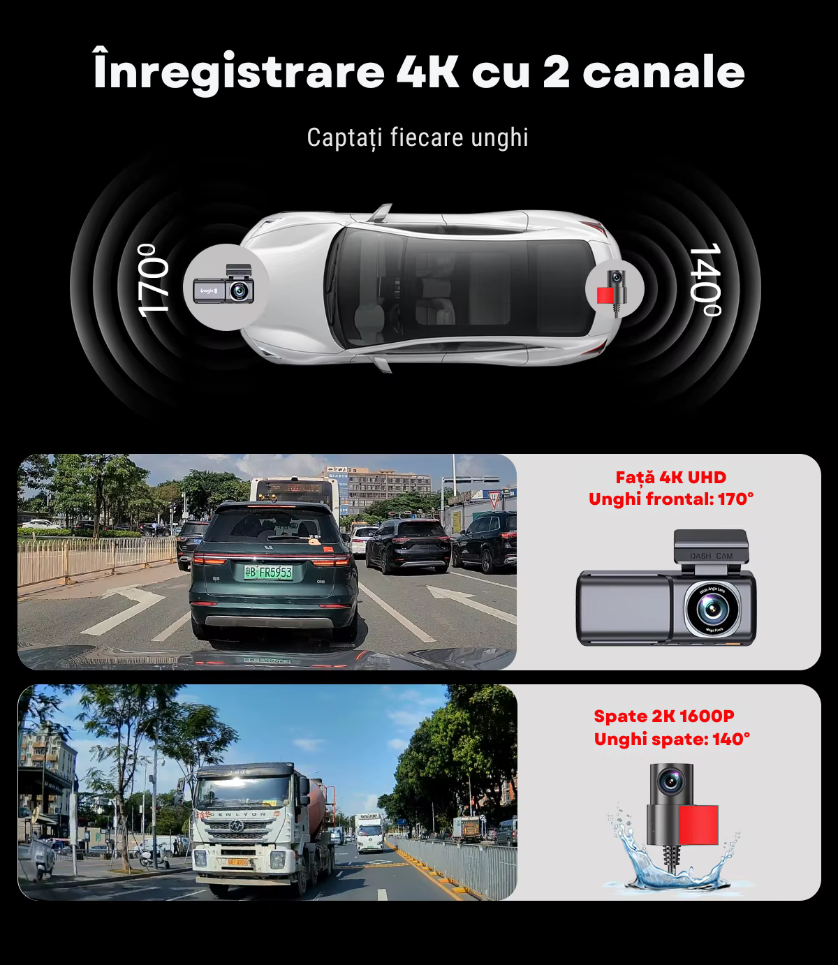 Camera Auto DVR, Ecran de 3.4" Fata 4K UHD, Spate2K QHD, GPS-Incorporat