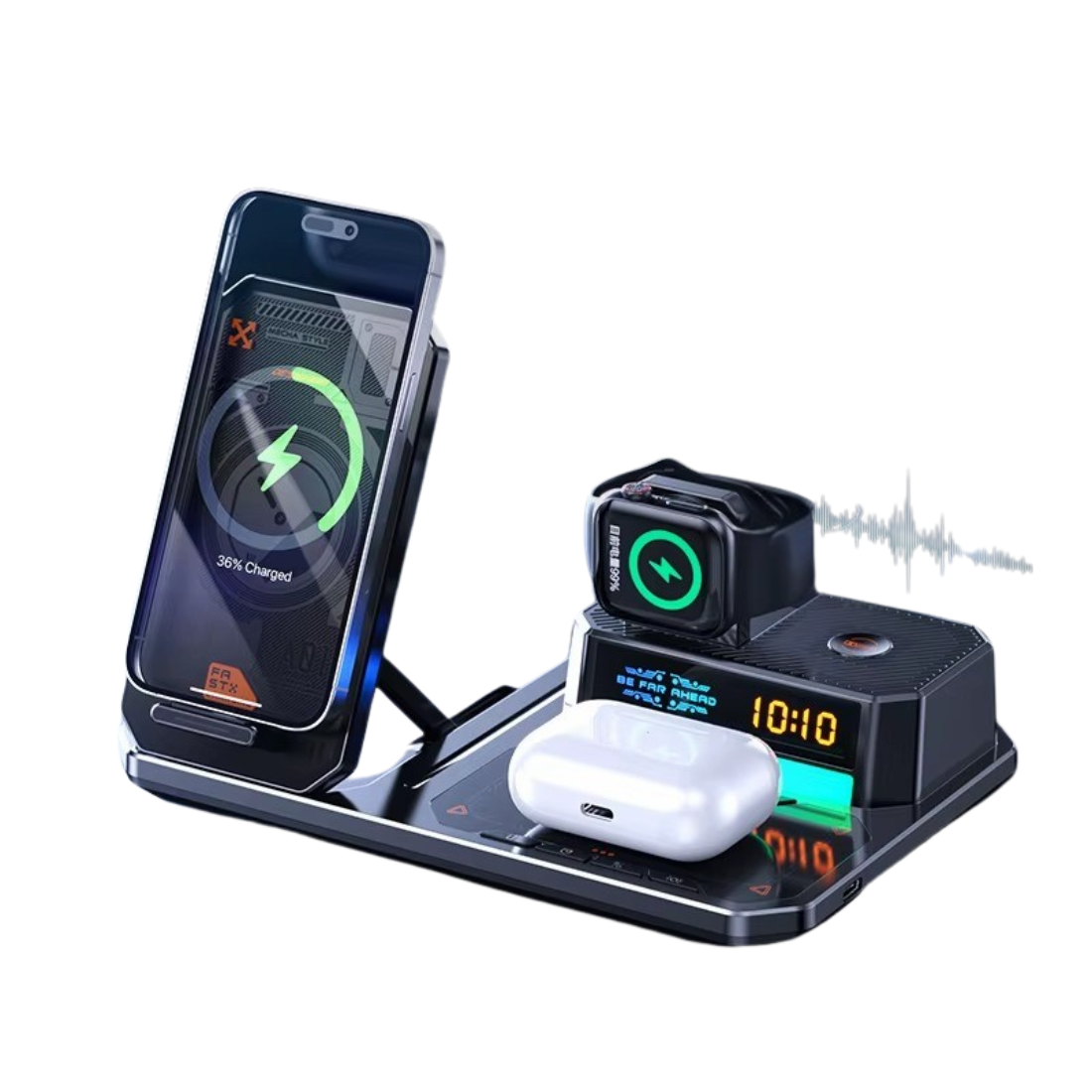 Statie Incarcare 6 in 1 Qi Fast Charger 15W cu Iluminare RGB, Difuzor Bluetooth si Ceas Alarma